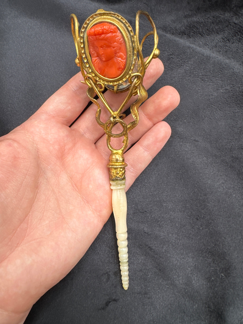 Rare large Antique Coral Cameo Posy Holder with Mother-of-Pearl Handle