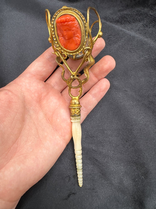 Rare large Antique Coral Cameo Posy Holder with Mother-of-Pearl Handle