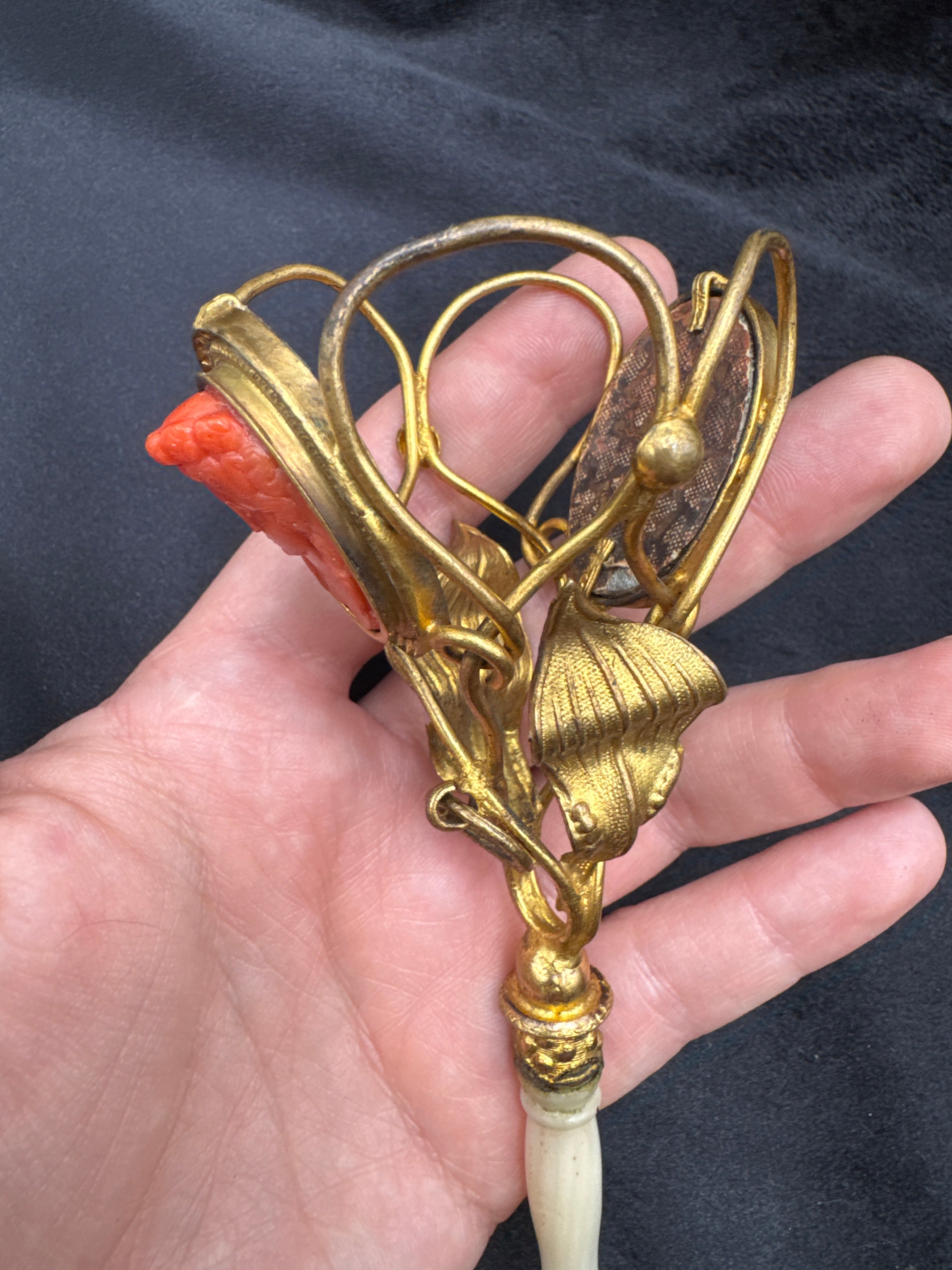 Rare large Antique Coral Cameo Posy Holder with Mother-of-Pearl Handle