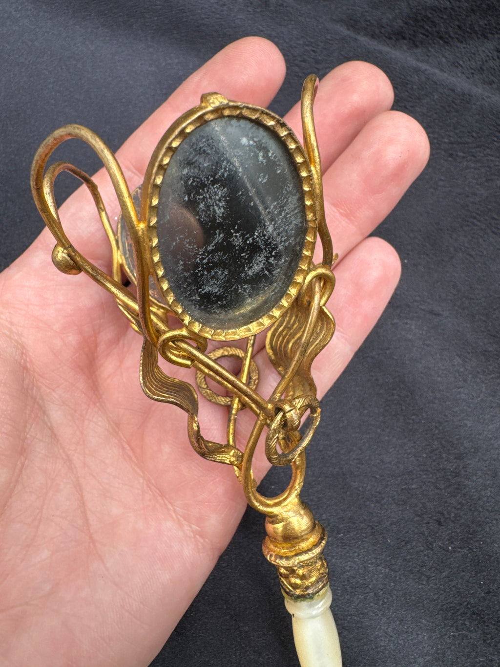 Rare large Antique Coral Cameo Posy Holder with Mother-of-Pearl Handle