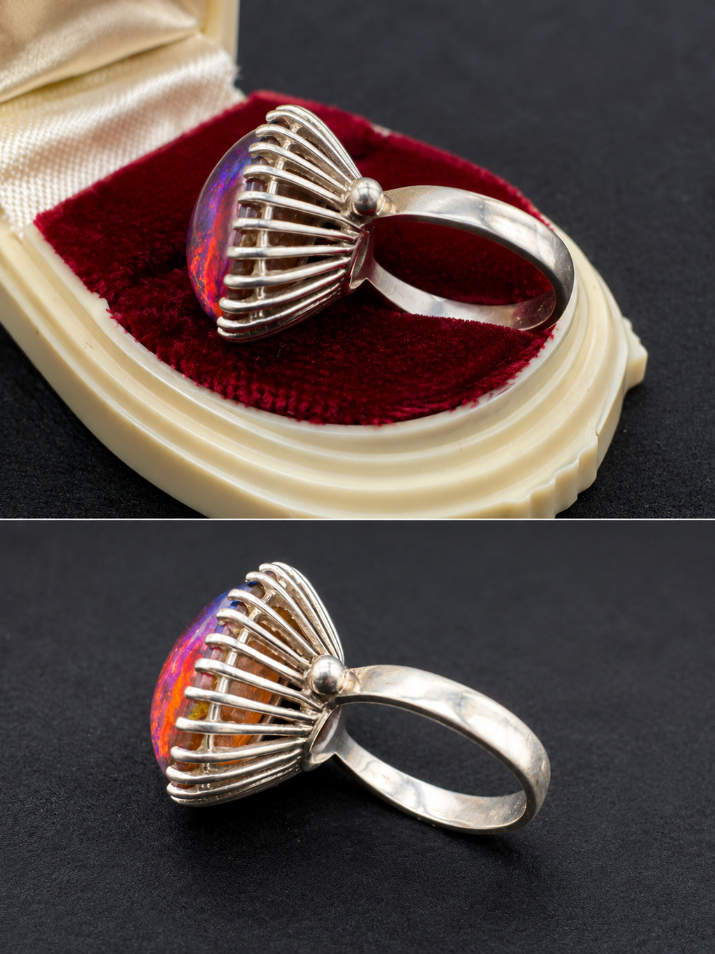 Vintage 10K White Gold Dragon’s Breath Glass Statement Ring