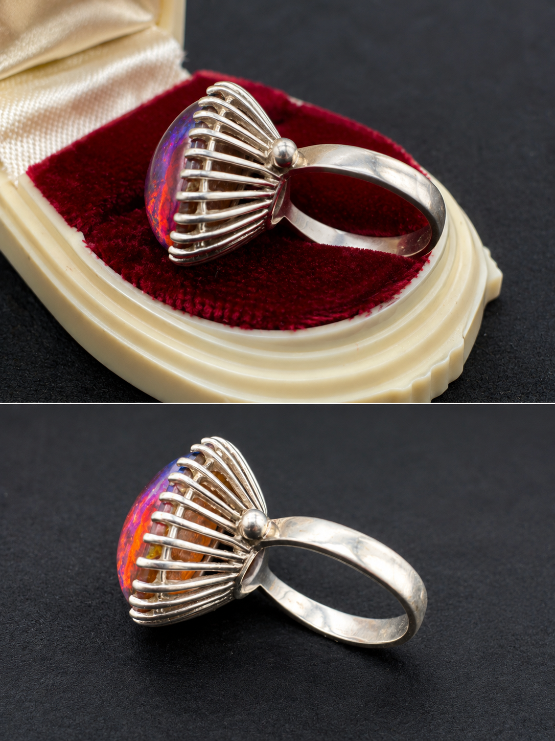 Vintage 10K White Gold Dragon’s Breath Glass Statement Ring