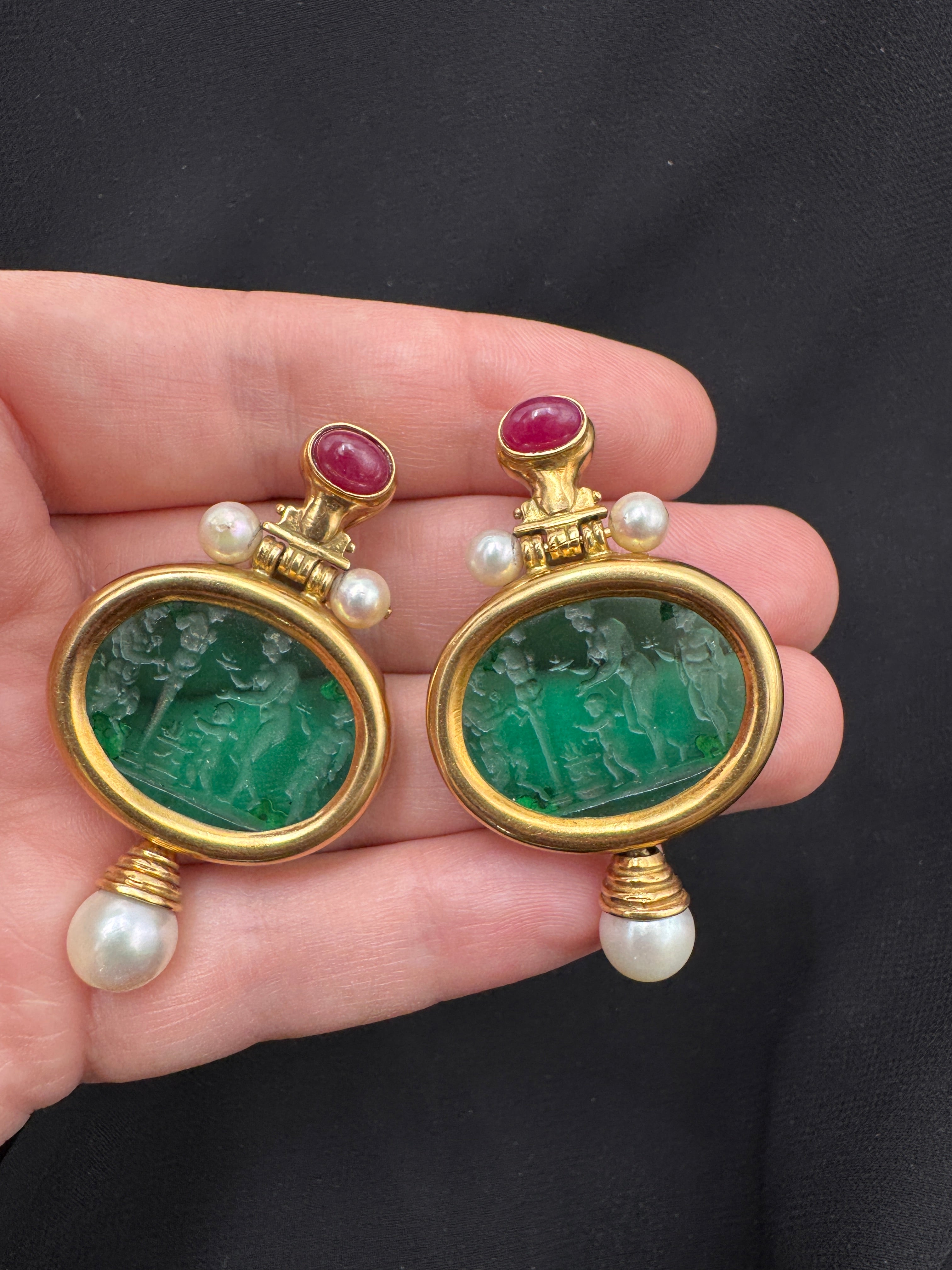 Vintage Italian 18k solid gold Intaglio Earrings with Ruby Cabochon & Pearl Dropsbe