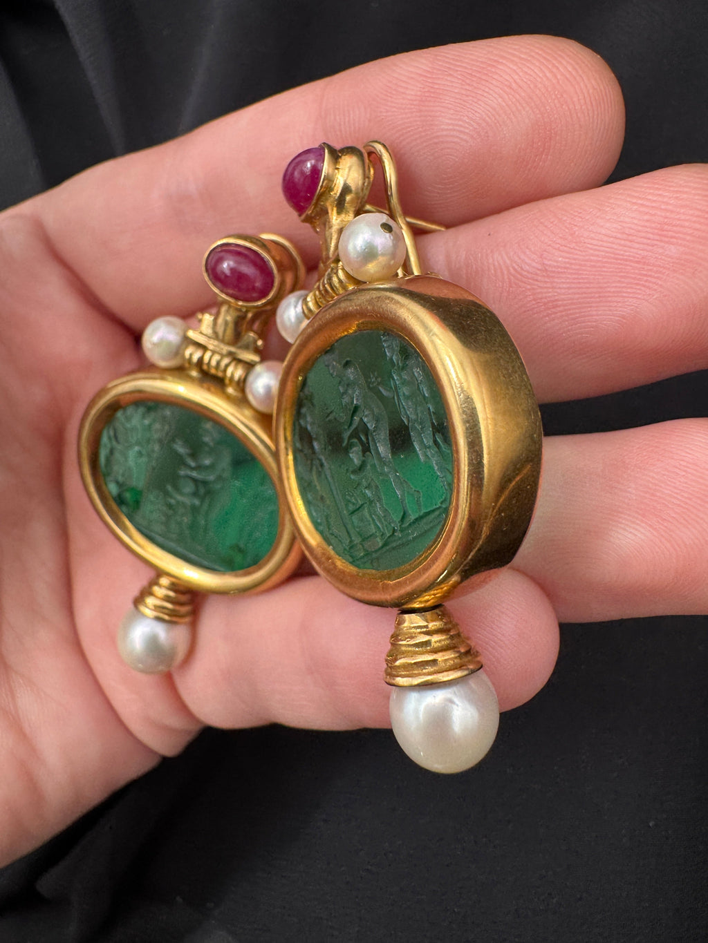 Vintage Italian 18k solid gold Intaglio Earrings with Ruby Cabochon & Pearl Dropsbe