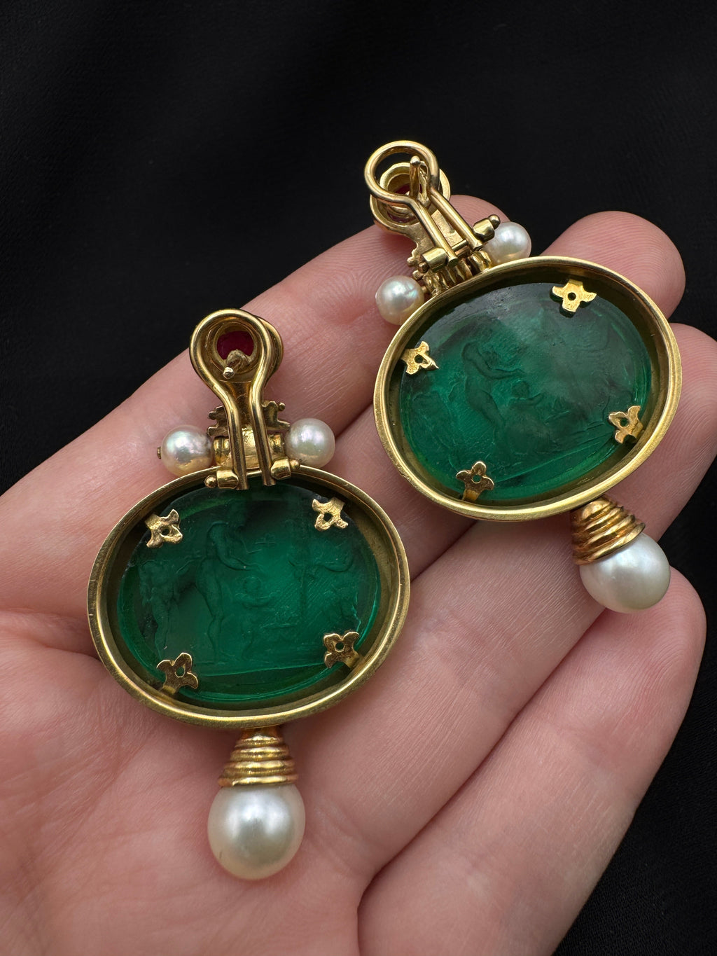 Vintage Italian 18k solid gold Intaglio Earrings with Ruby Cabochon & Pearl Dropsbe