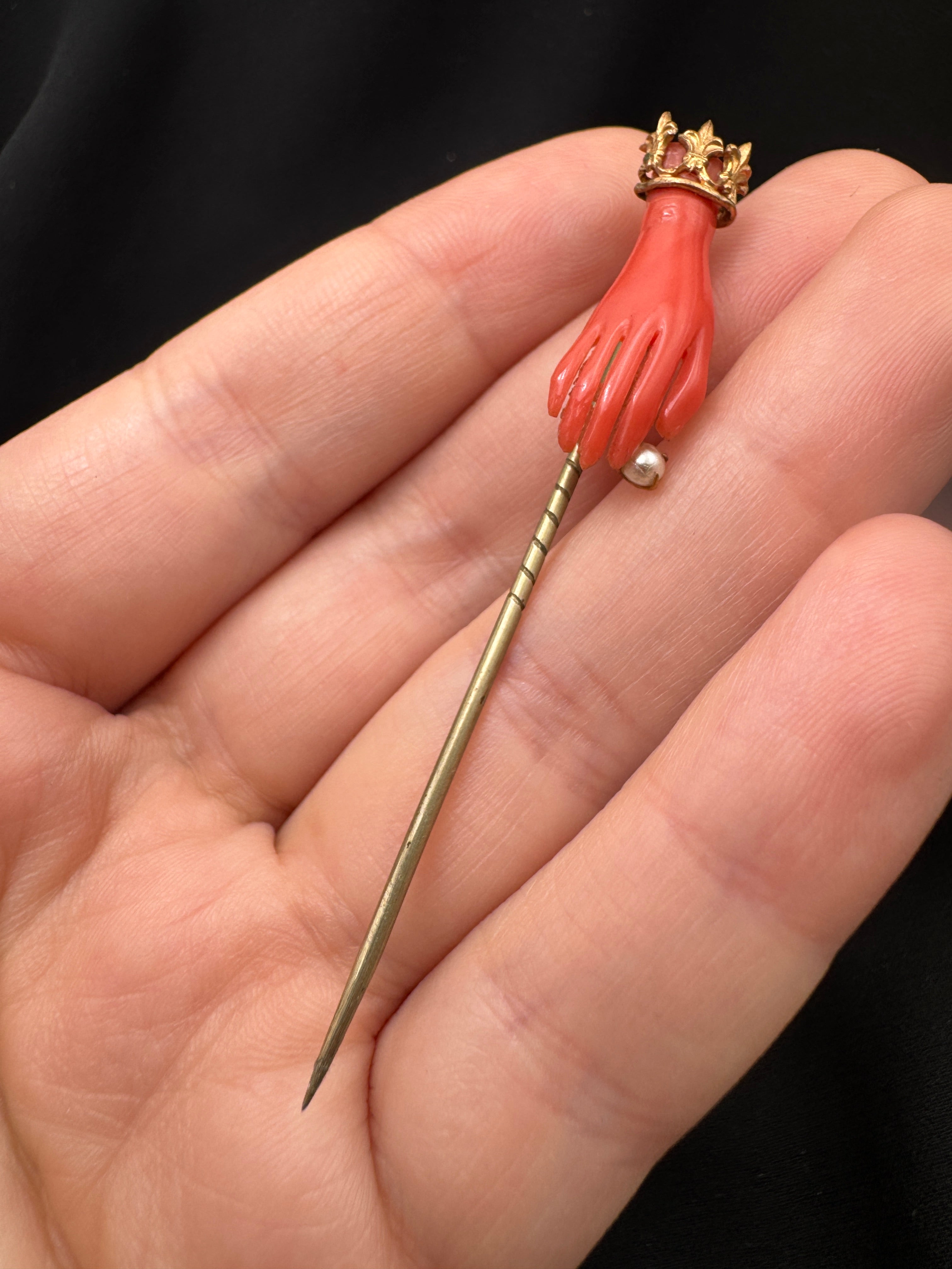Victorian Figural Hand Stick Pin | Coral-Color Plastic | Gold-Tone Crown & Pearl
