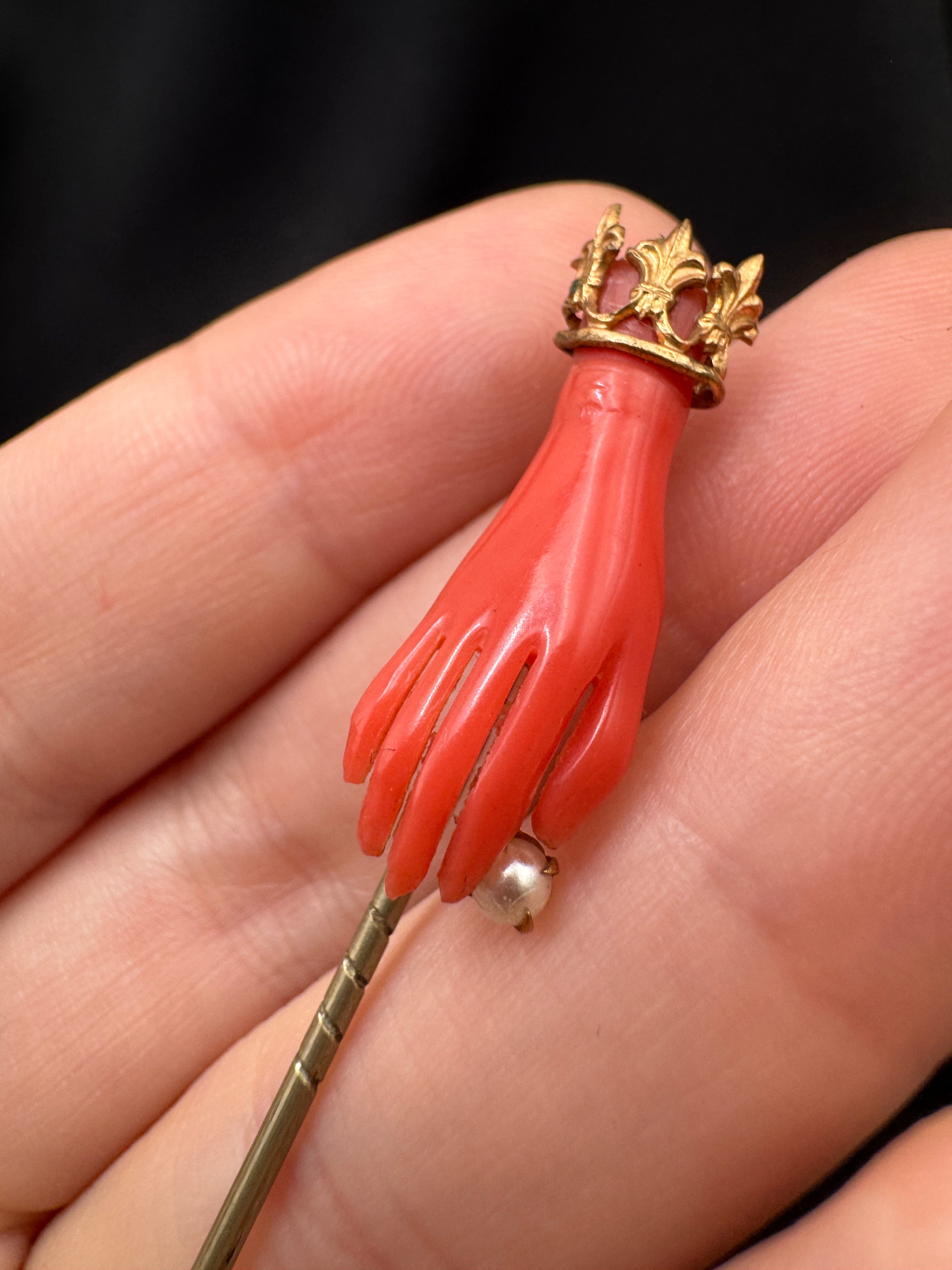 Victorian Figural Hand Stick Pin | Coral-Color Plastic | Gold-Tone Crown & Pearl