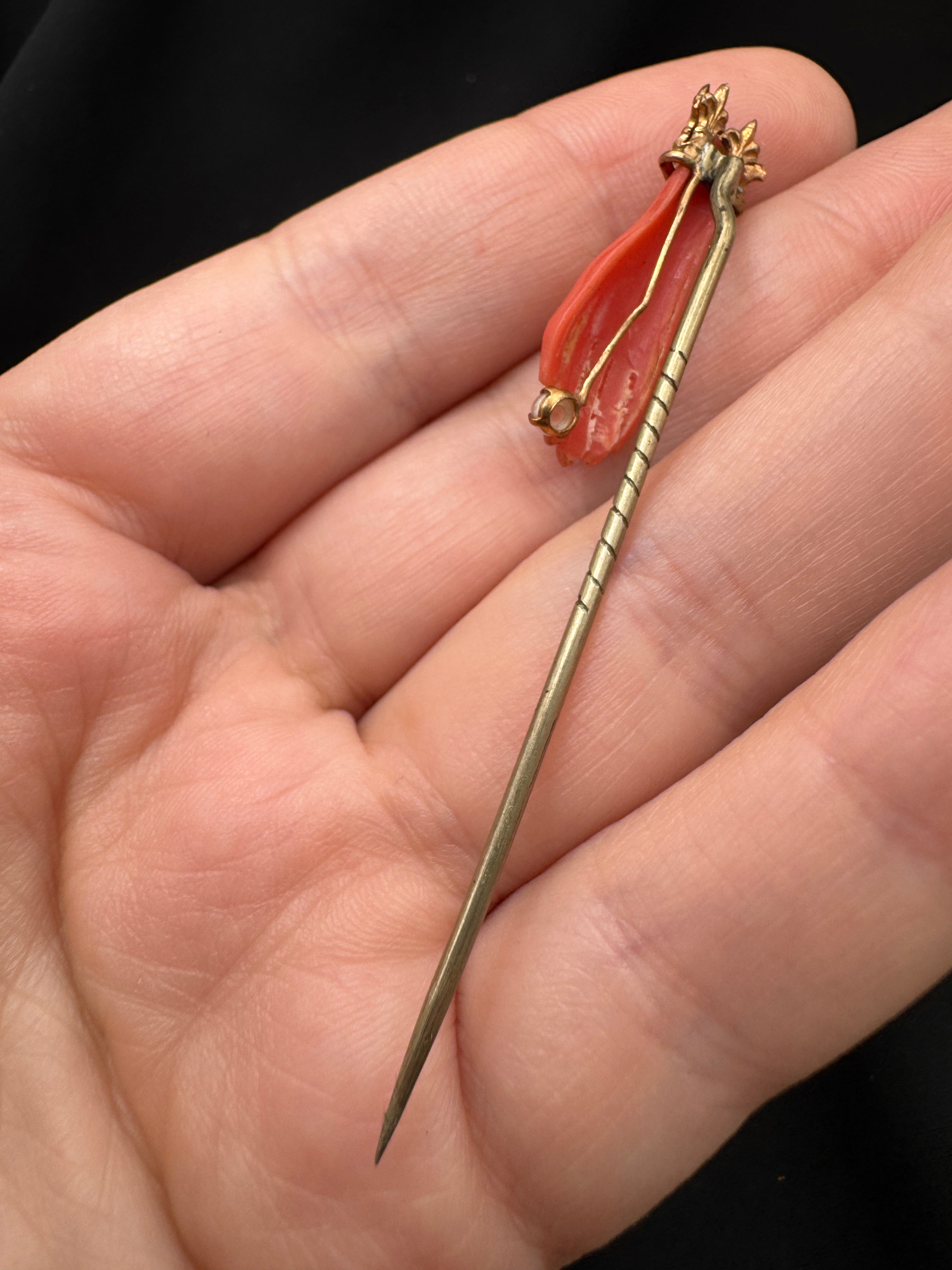 Victorian Figural Hand Stick Pin | Coral-Color Plastic | Gold-Tone Crown & Pearl