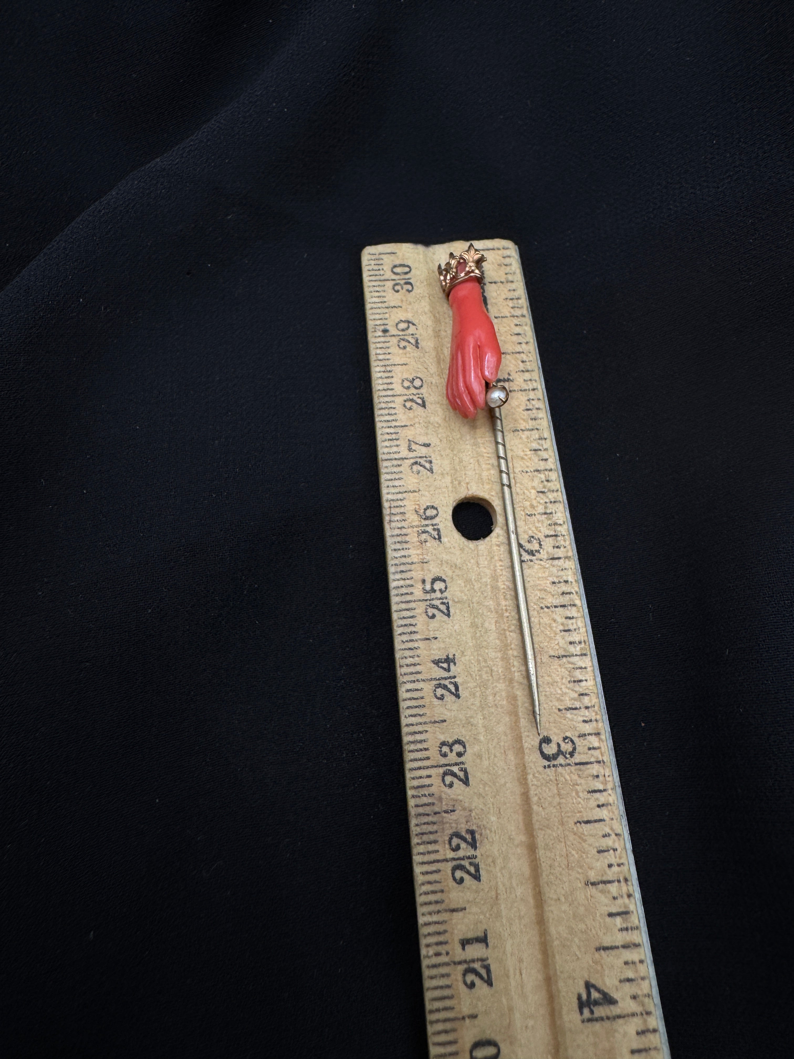 Victorian Figural Hand Stick Pin | Coral-Color Plastic | Gold-Tone Crown & Pearl
