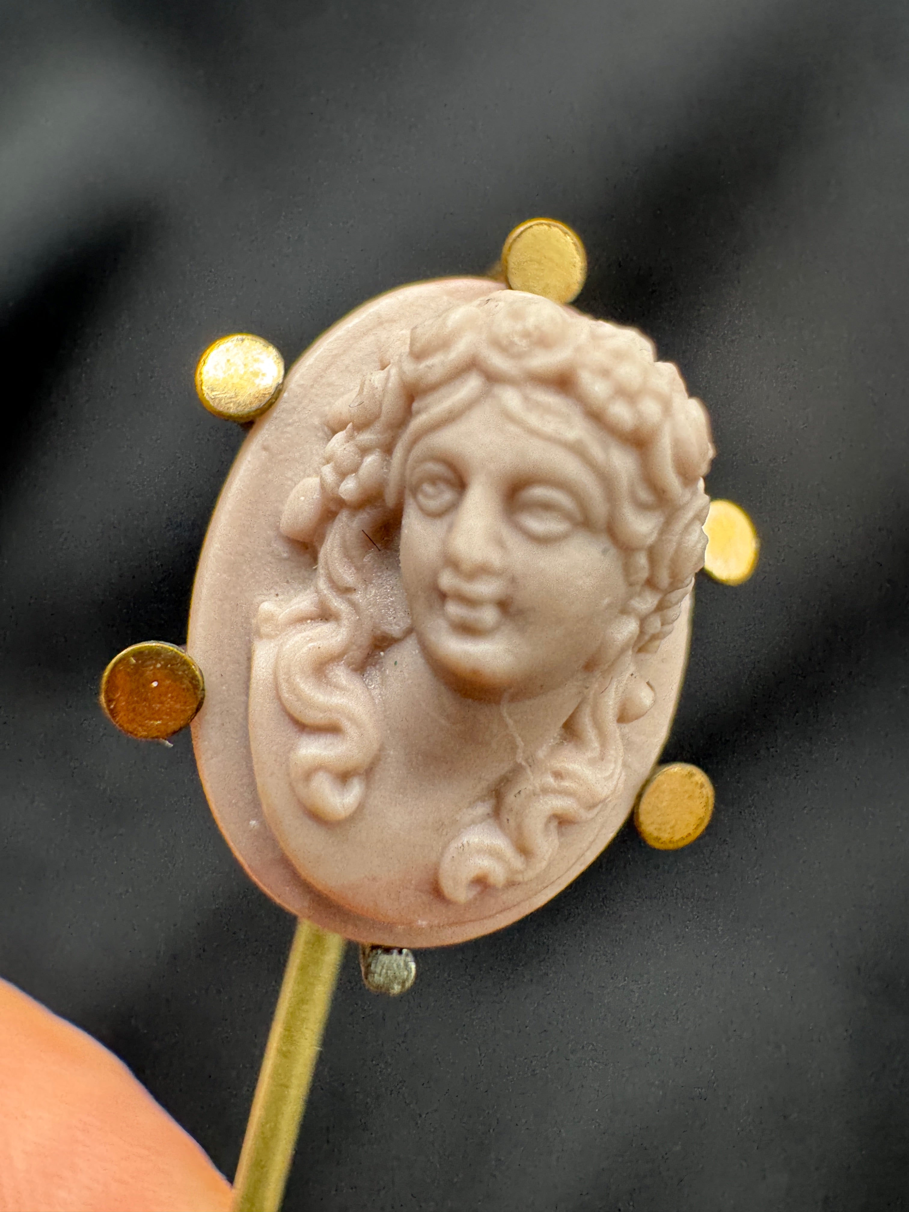 Victorian Lava Cameo Stick Pin | Base Metal | Goddess Portrait