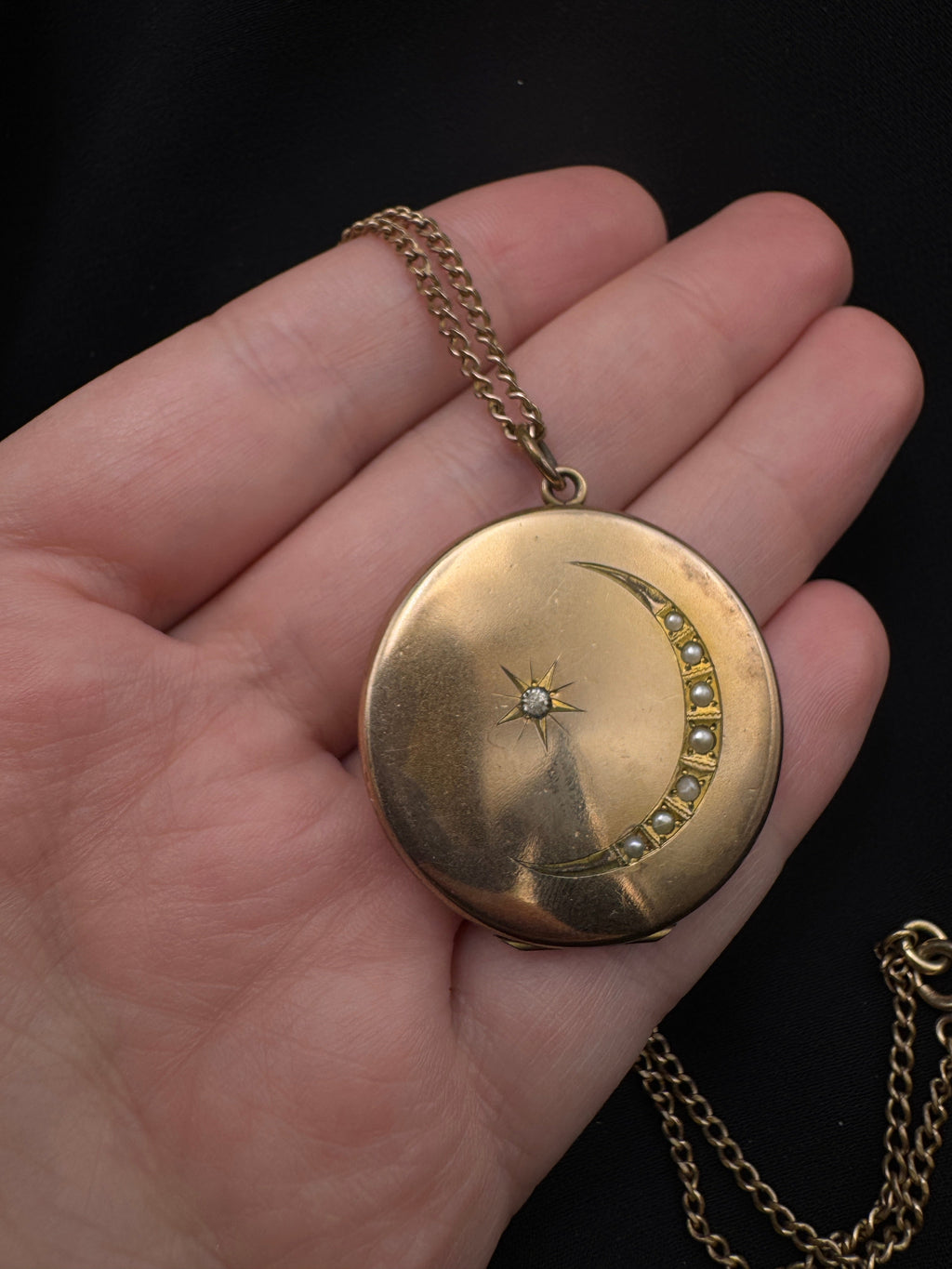 Antique Gold Filled Crescent Moon & Star Locket Necklace