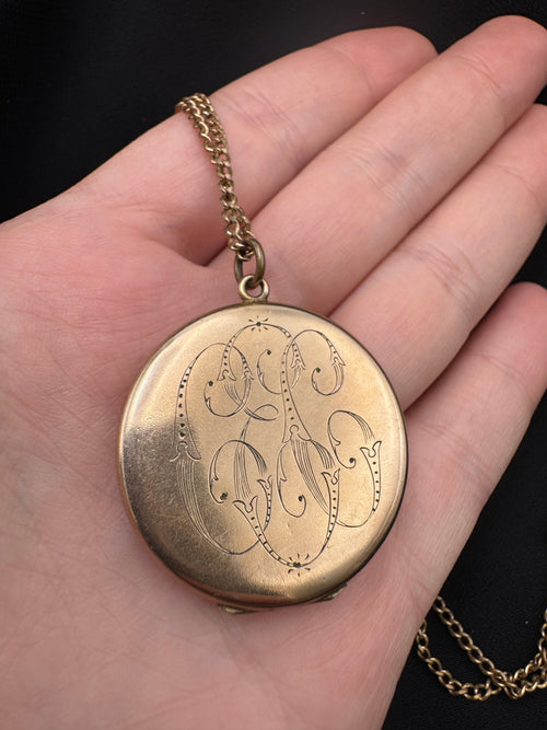 Antique Gold Filled Crescent Moon & Star Locket Necklace
