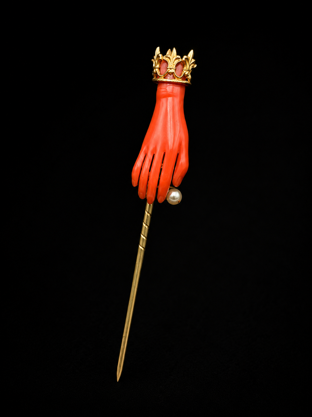 Victorian Figural Hand Stick Pin | Coral-Color Plastic | Gold-Tone Crown & Pearl