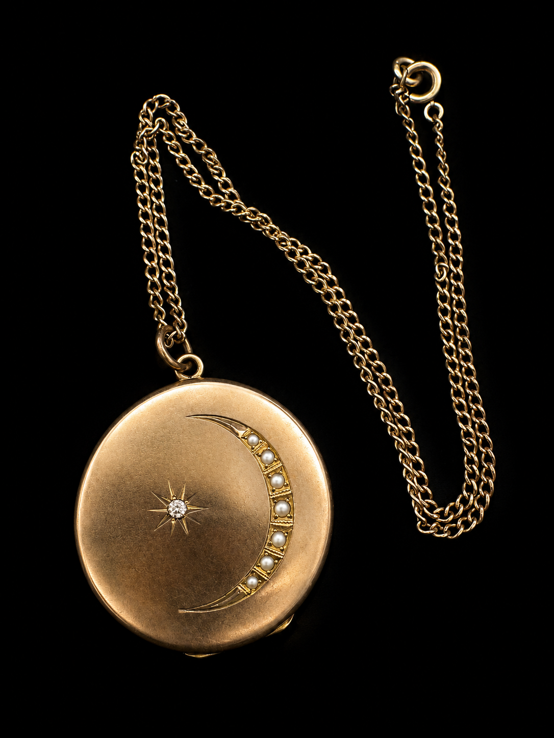 Antique Gold Filled Crescent Moon & Star Locket Necklace