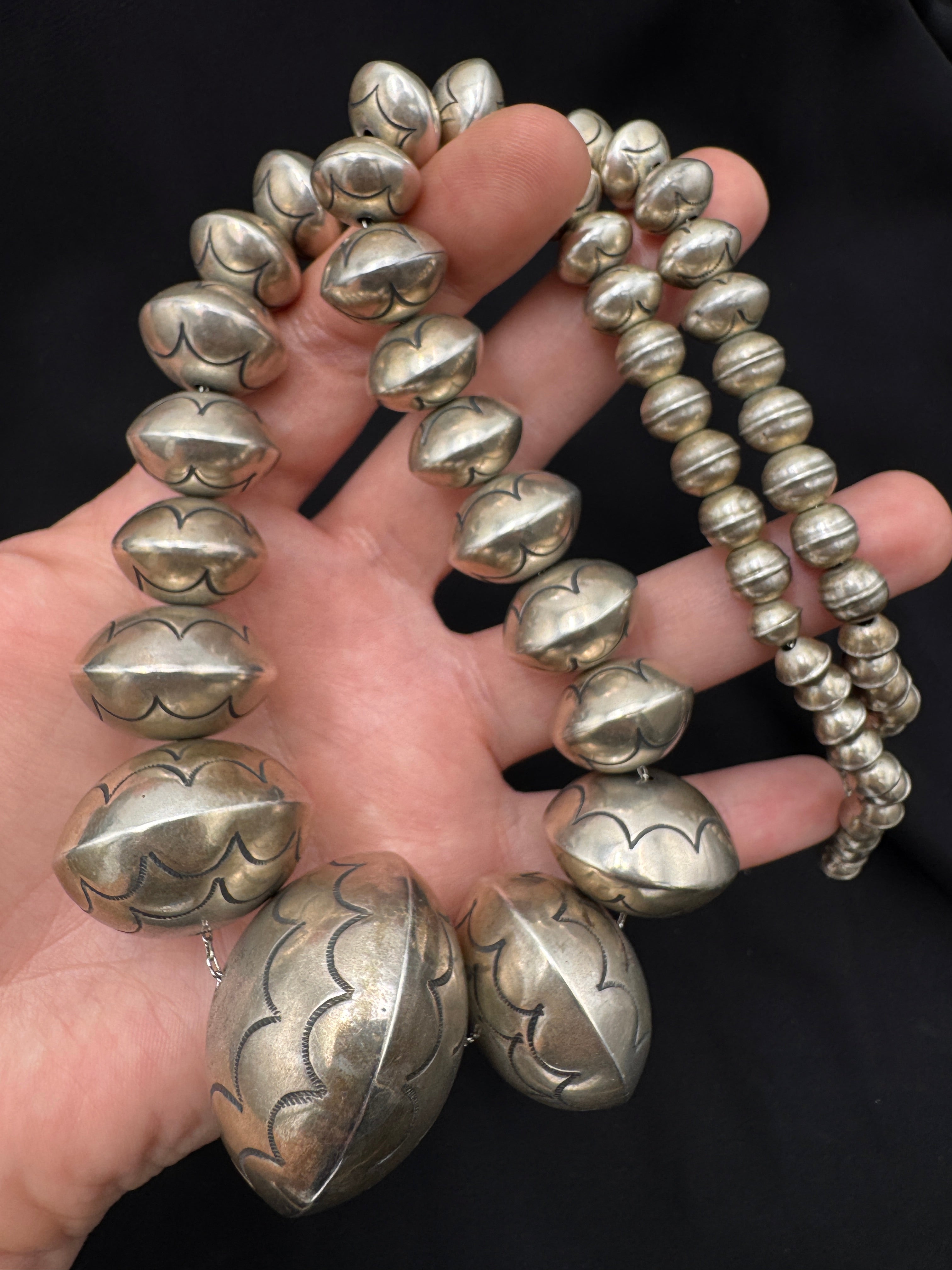 Sterling Silver Handstamped Navajo Pearl Beaded Graduated Necklace Signed "Ly"