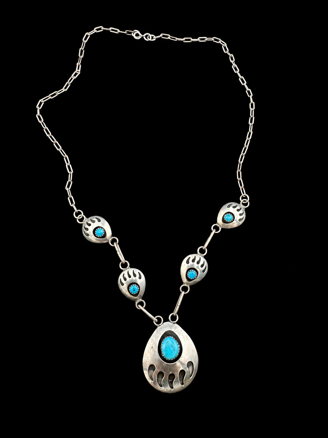 Vintage Native American Sterling Silver Turquoise Bear Paw Necklace