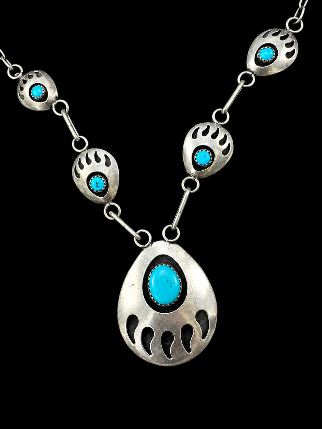 Vintage Native American Sterling Silver Turquoise Bear Paw Necklace