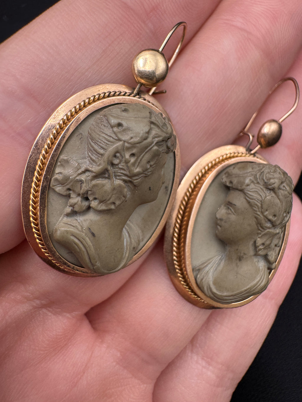 Victorian 14K Gold Lava Cameo Earrings