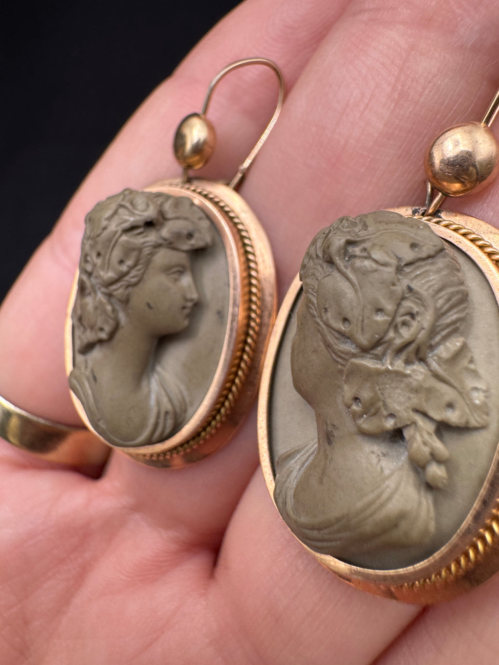 Victorian 14K Gold Lava Cameo Earrings