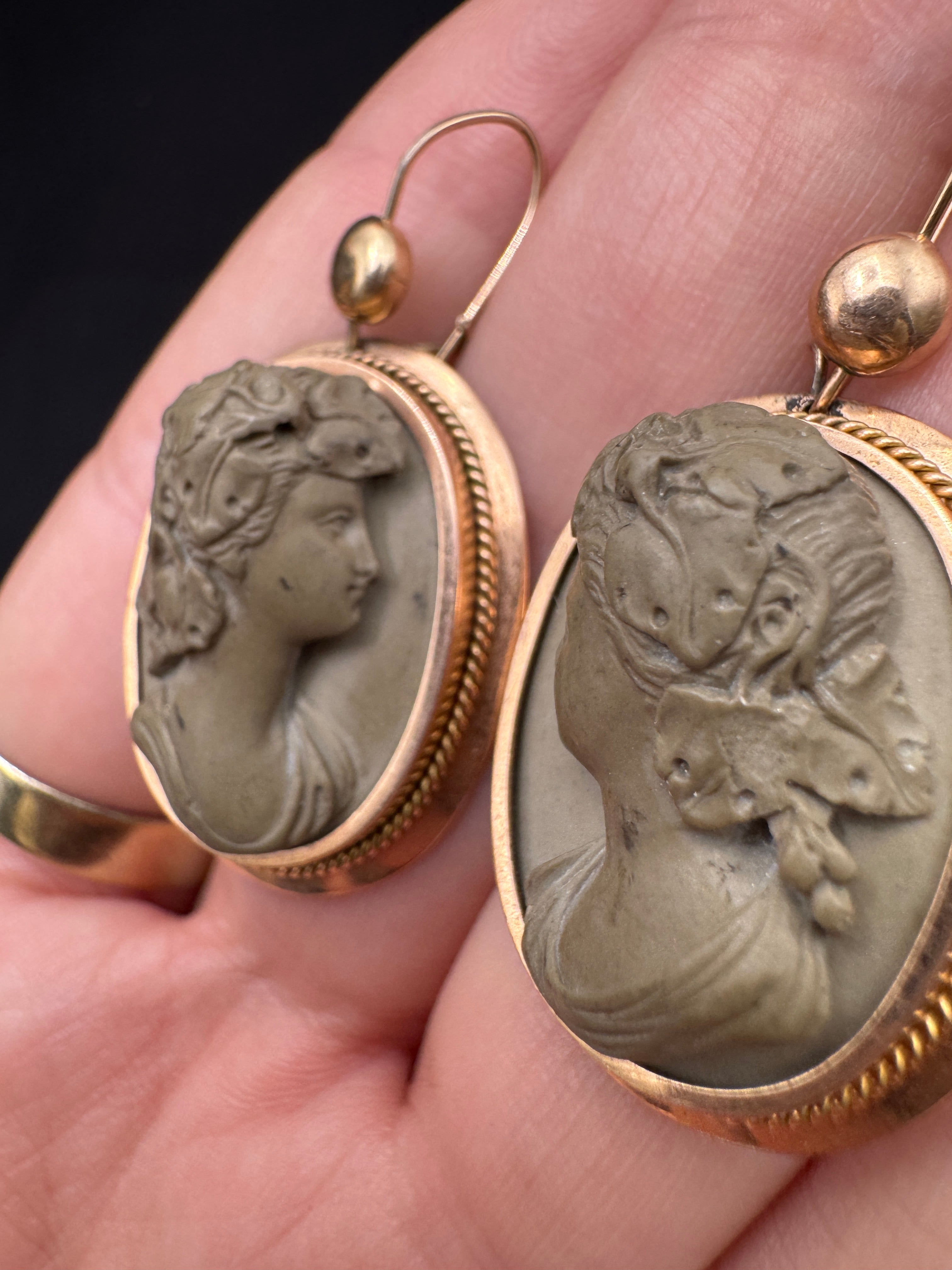 Victorian 14K Gold Lava Cameo Earrings