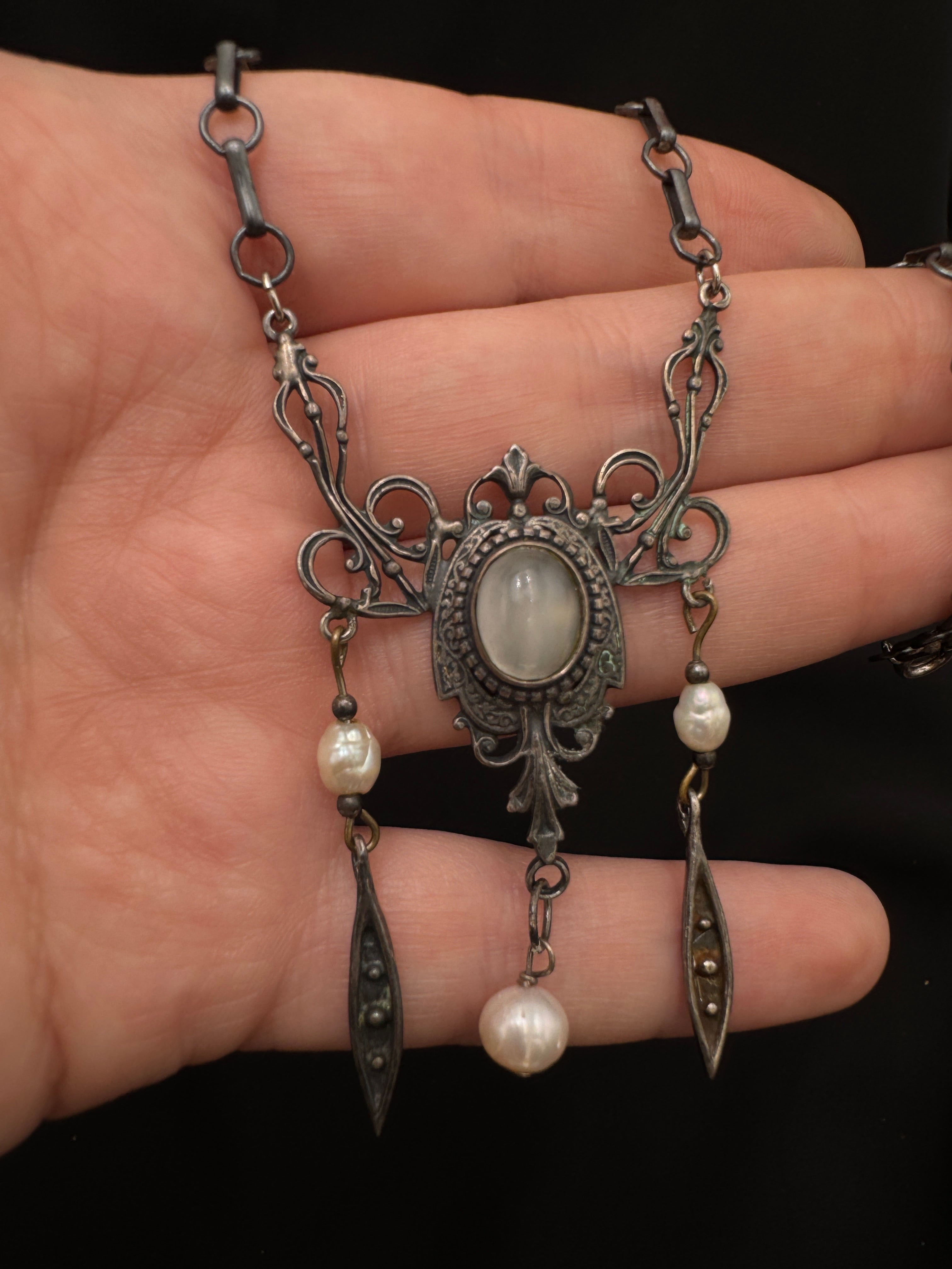 Antique Art Nouveau Sterling Silver Moonstone & Pearl Necklace