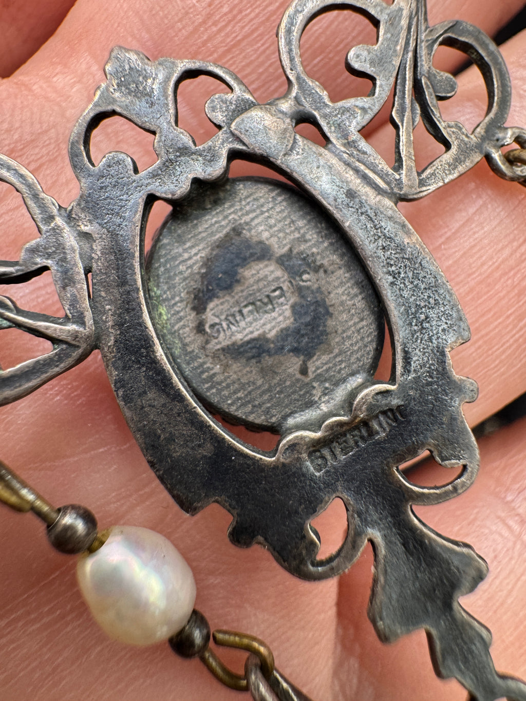 Antique Art Nouveau Sterling Silver Moonstone & Pearl Necklace