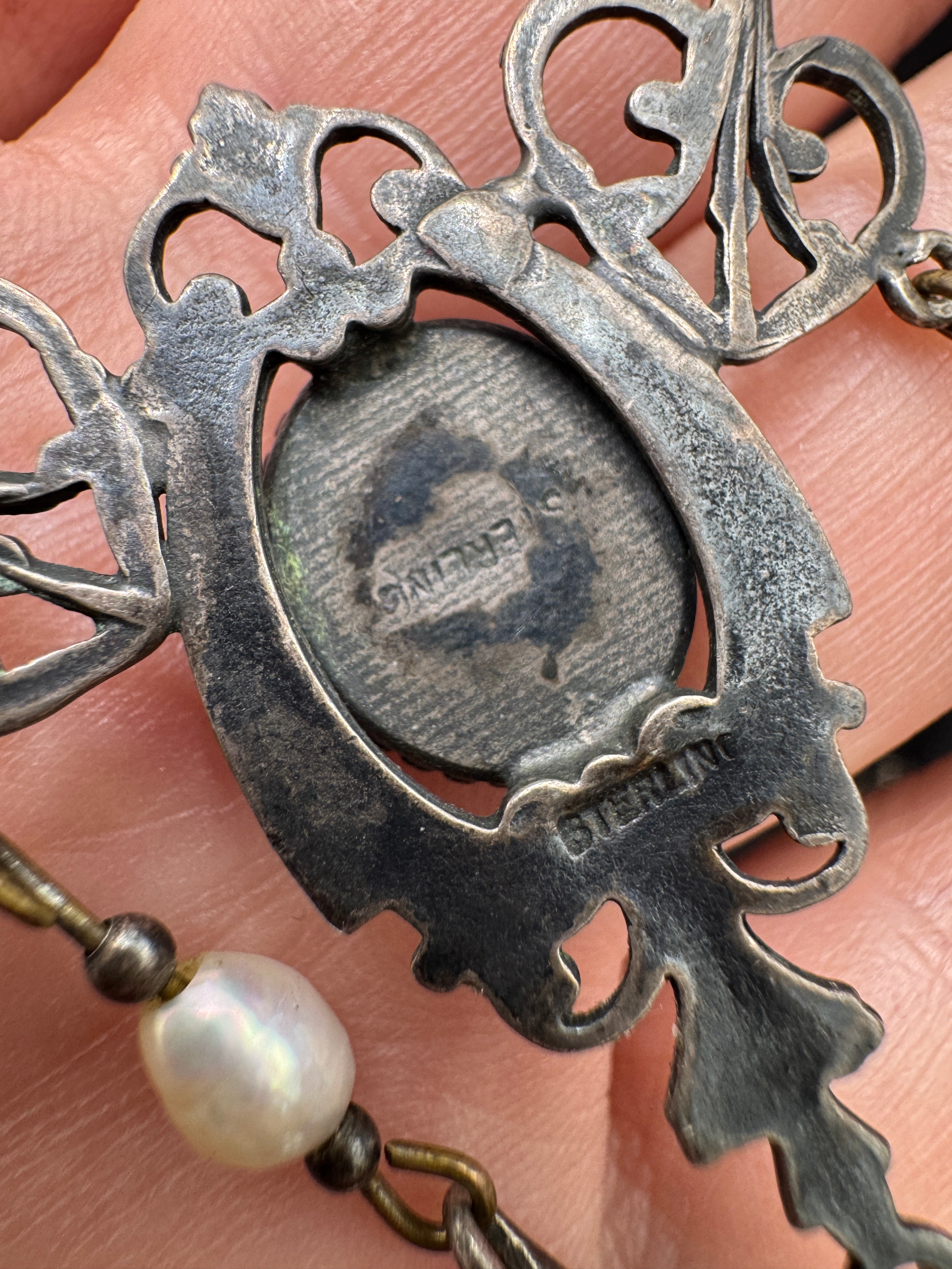 Antique Art Nouveau Sterling Silver Moonstone & Pearl Necklace